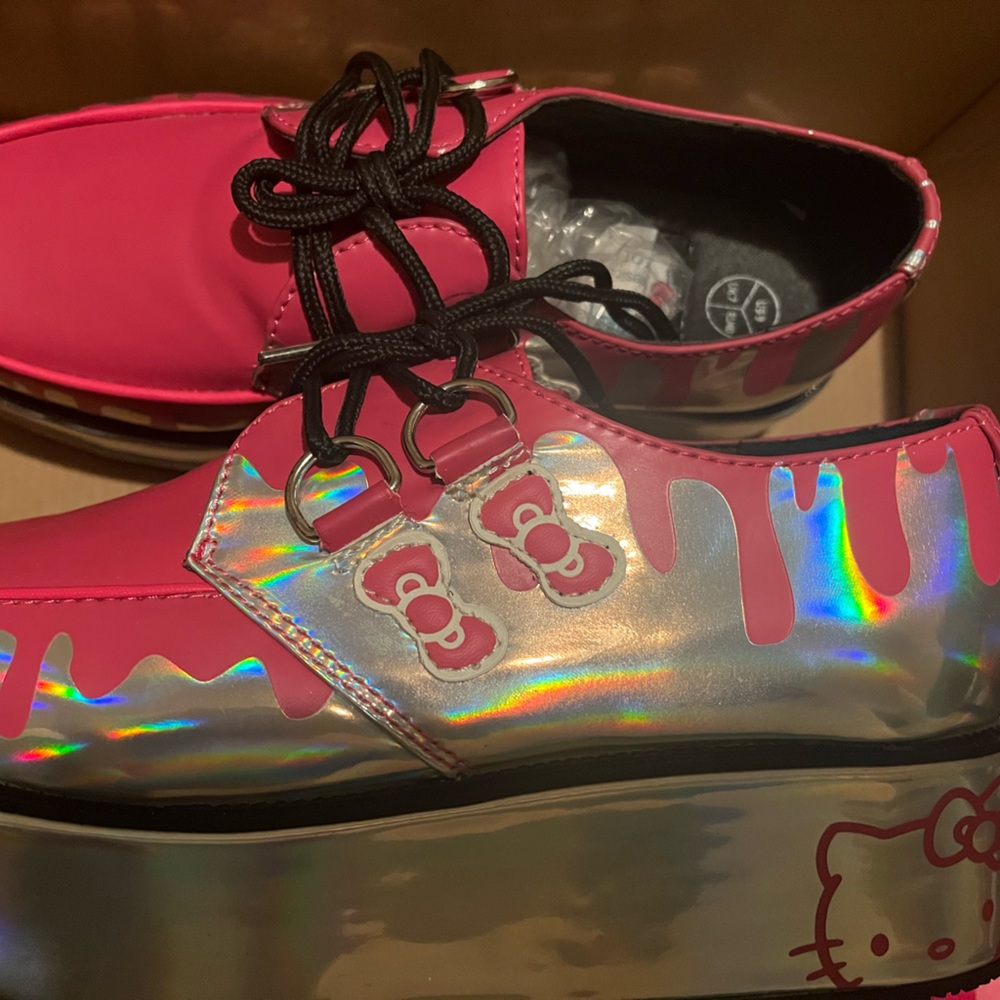 Hello kitty TUK platform creepers, pink and silver holo, sized 10